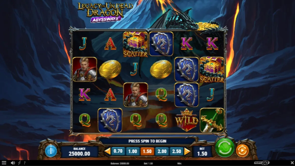 Tampilan visual slot Legacy of Undead Dragon Abyssways dengan naga dan harta karun