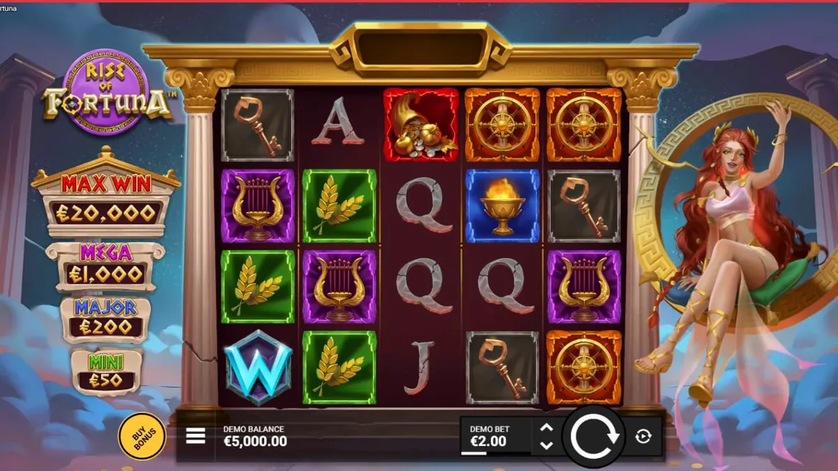 Tampilan visual slot Rise of Fortuna dengan dewi Fortuna dan roda keberuntungan